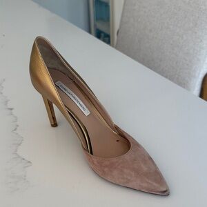 Diane Von Furstenberg Metallic Gold and Soft Suede Beige Heels